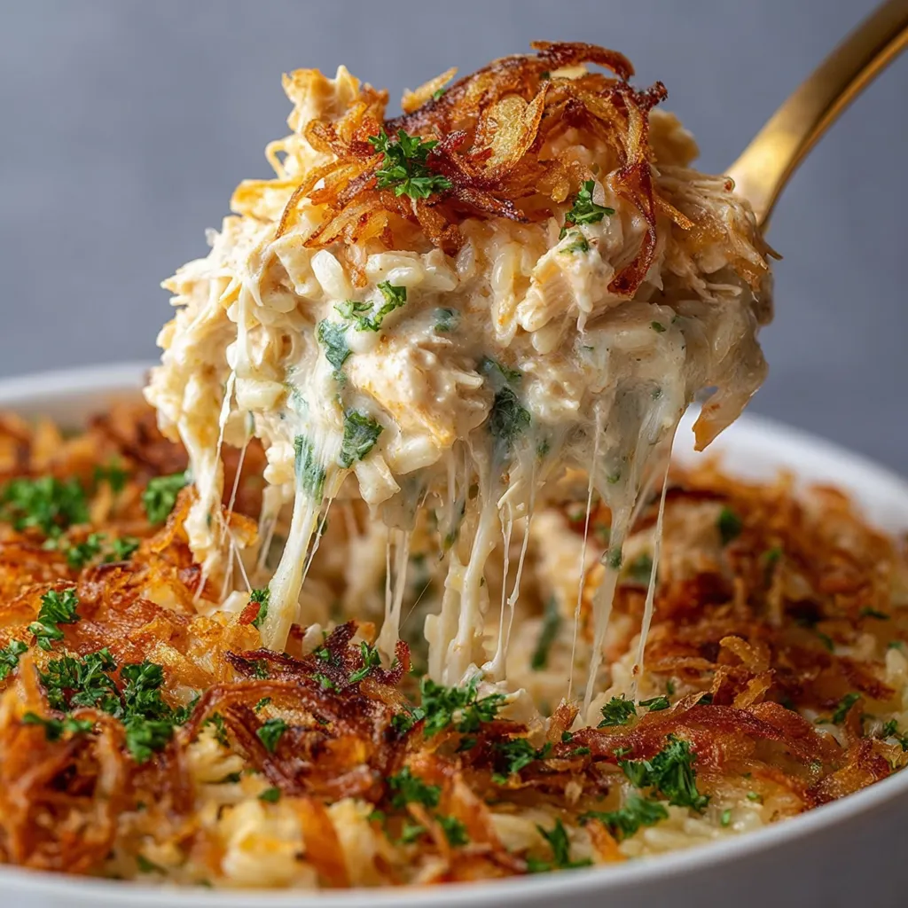 Someone digging into chicken casserole with a fork.