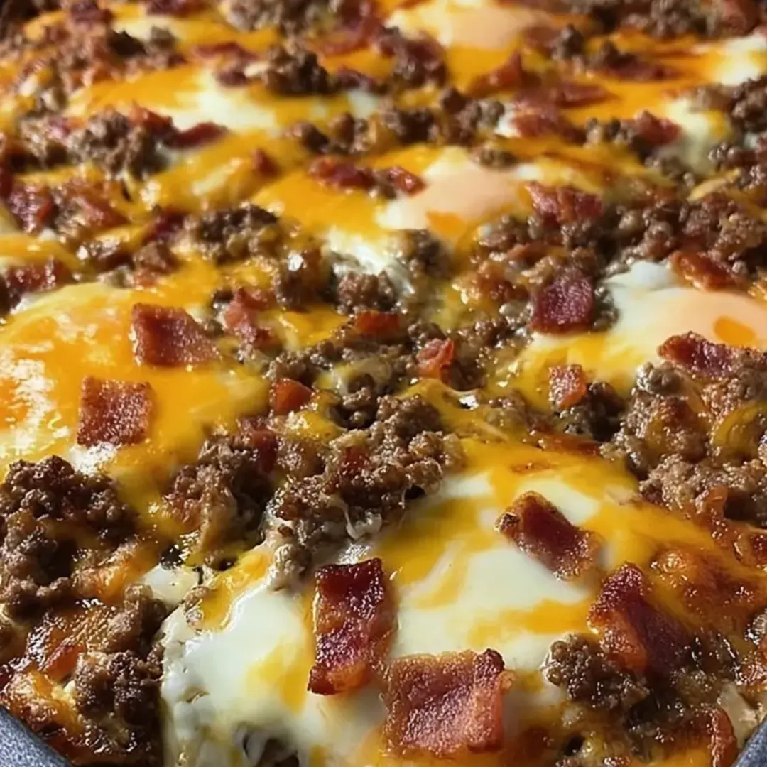 A mouthwatering mix of bacon and eggs in a casserole dish.