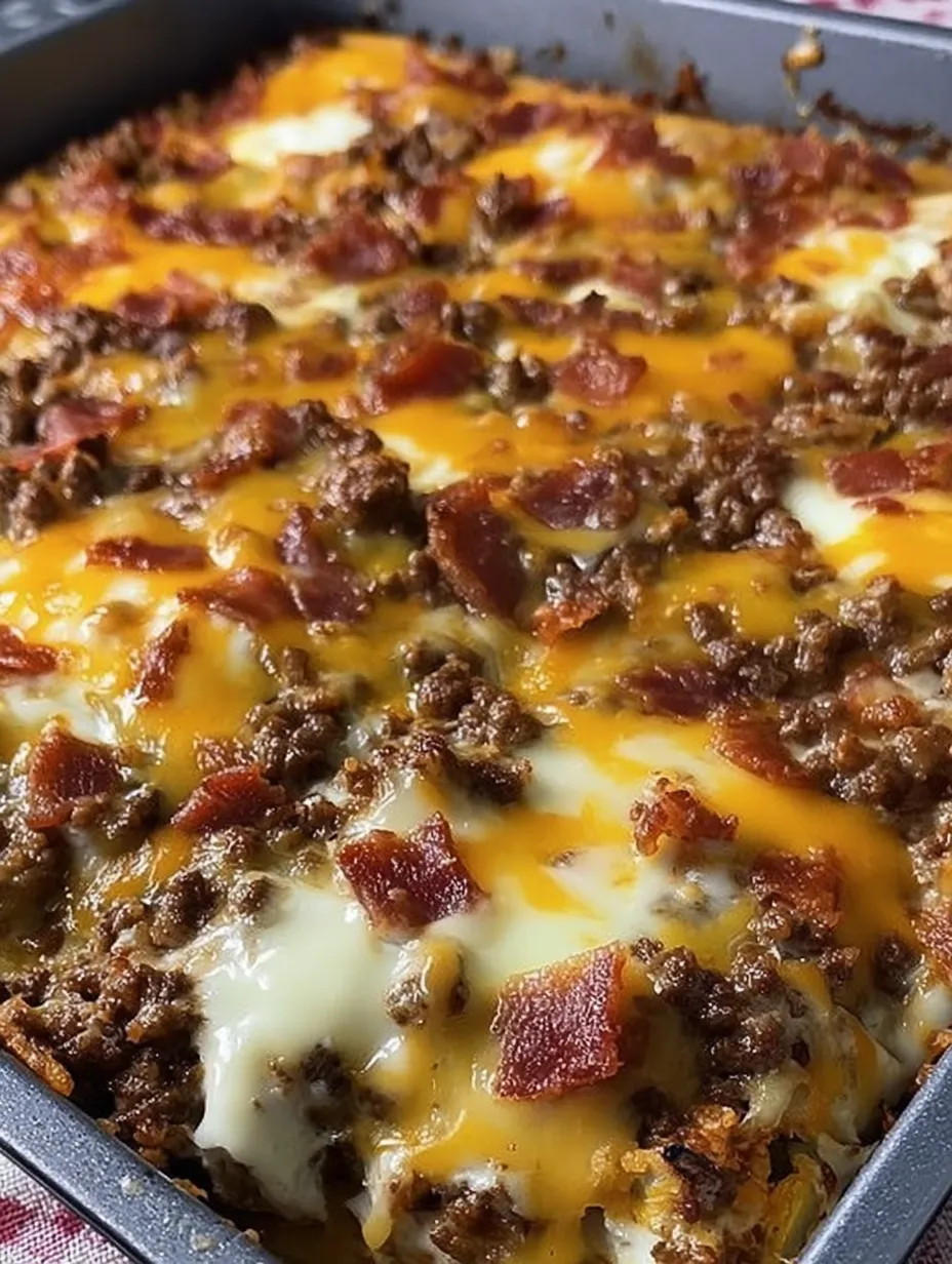 A close up of a delicious bacon and cheese casserole.