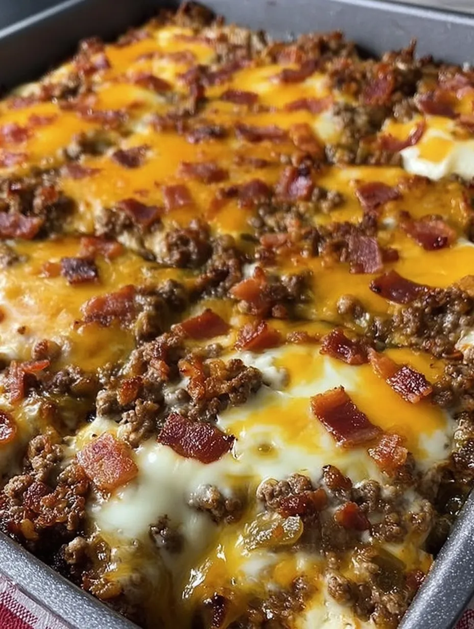 A close up of a delicious bacon and cheese casserole.