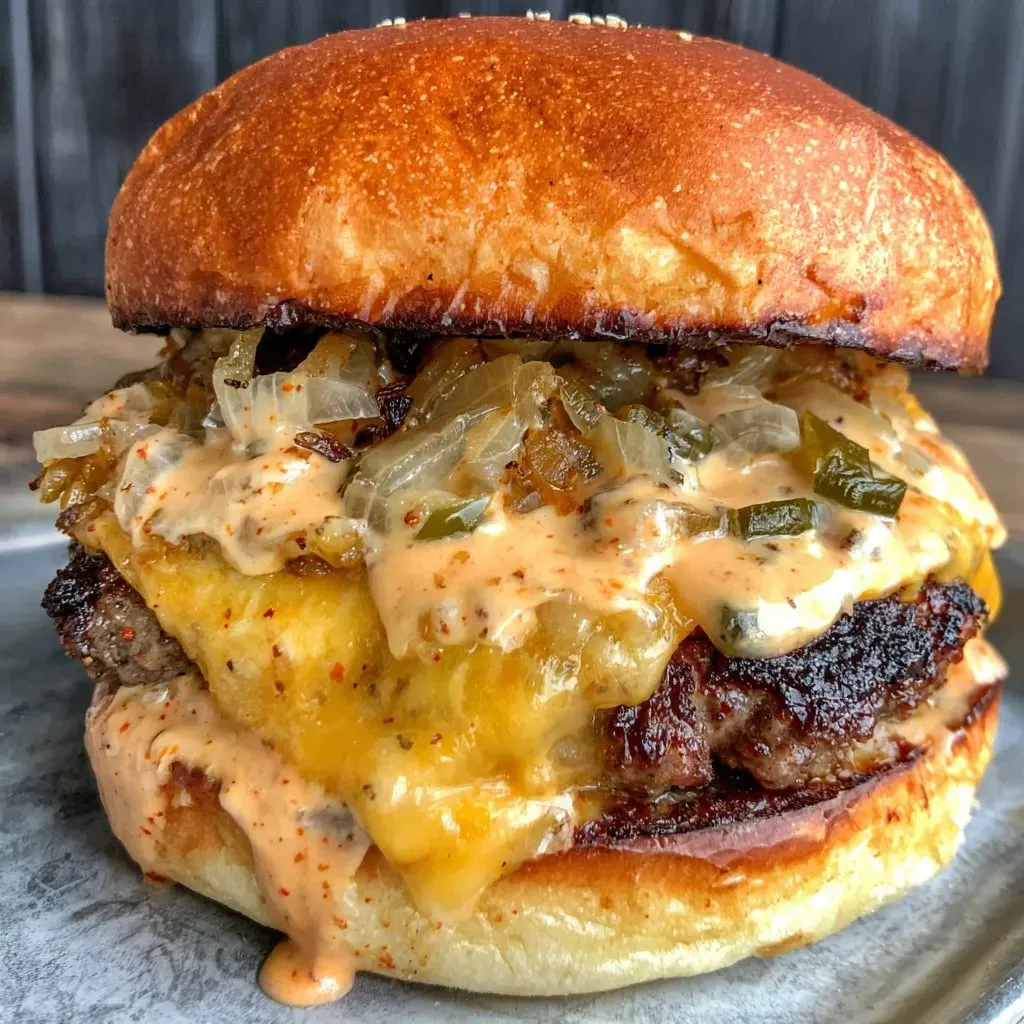 A burger with cheese and onions.