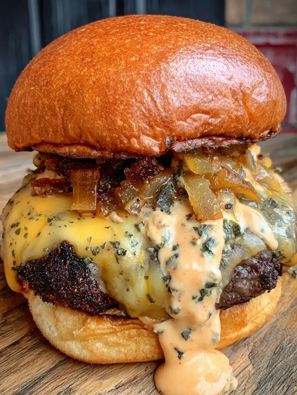 A big burger stacked with cheese, bacon, and onions.
