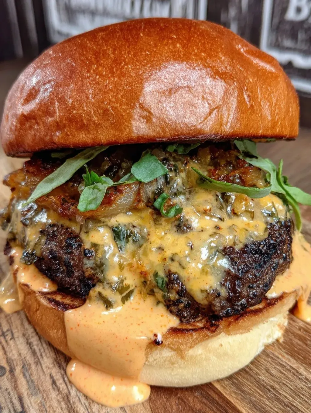 A burger stuffed with lettuce and melted cheese.