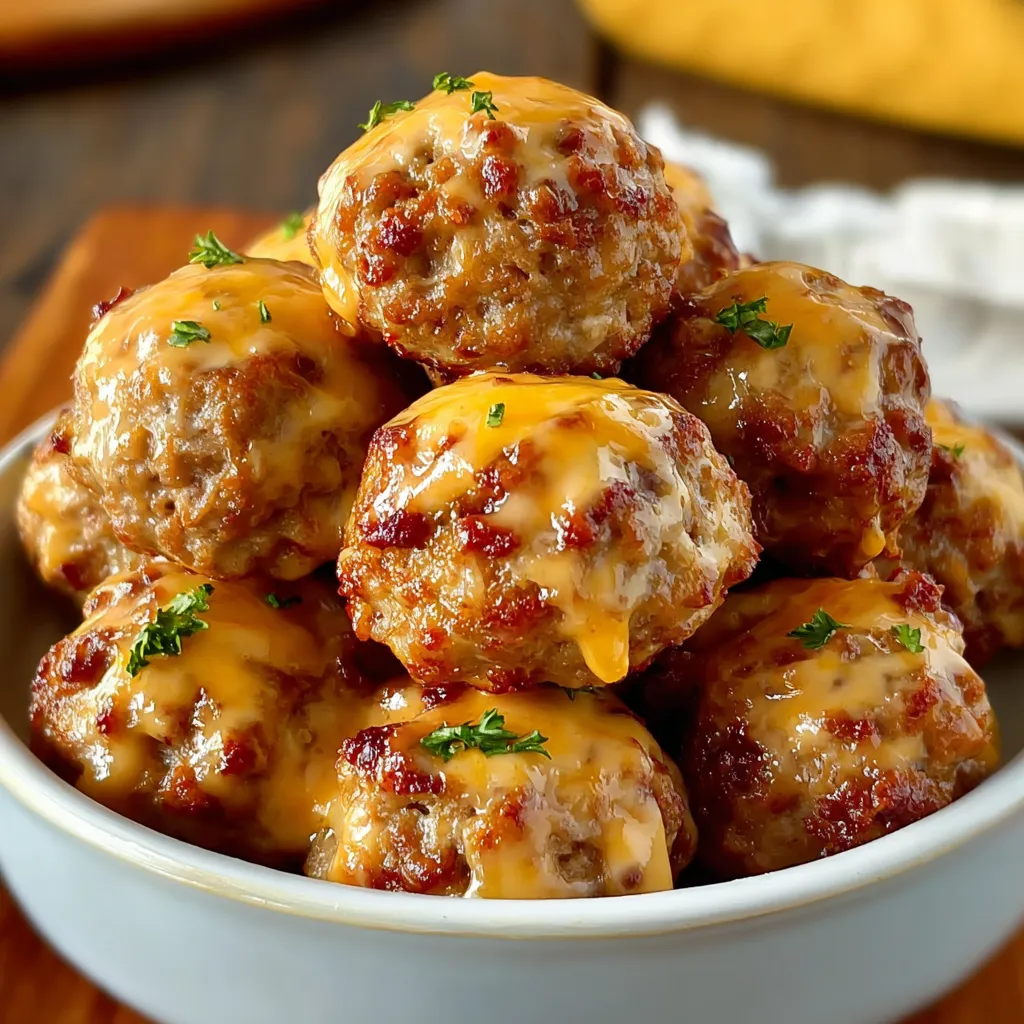 Cheesy meatballs piled in a bowl.