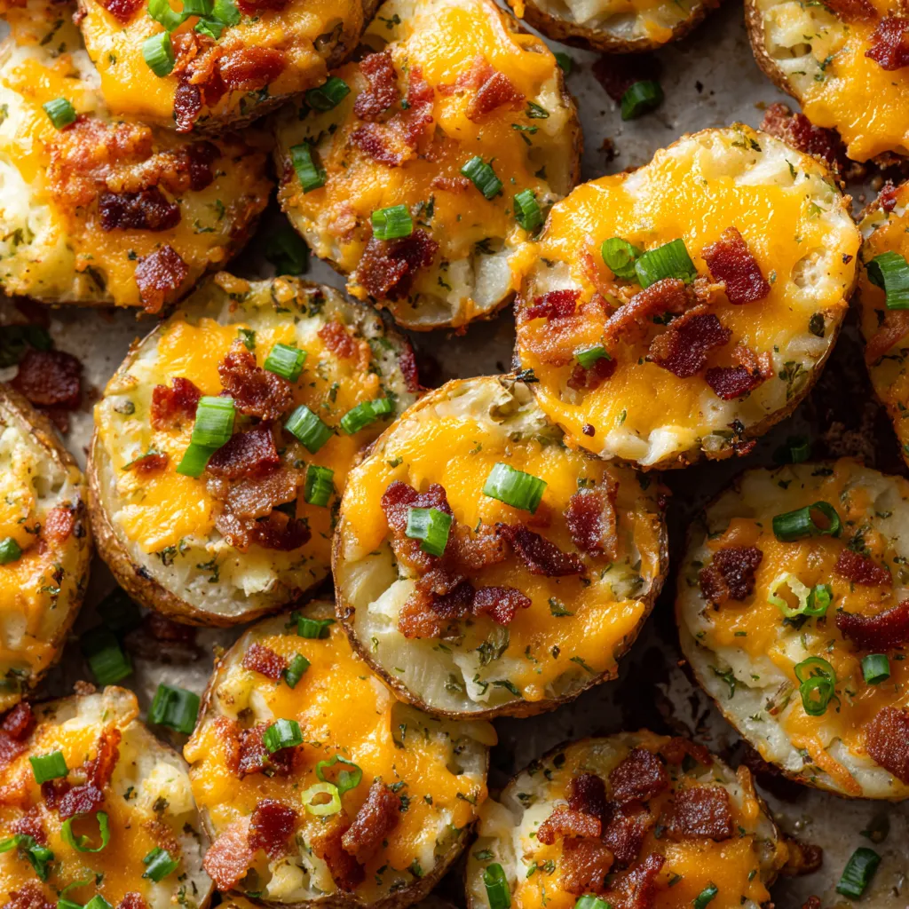 Potato bites covered in cheese and bacon.