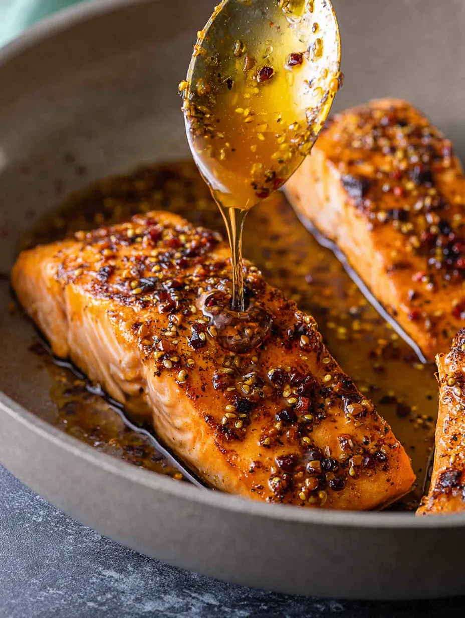 Fish cooking in a skillet with honey sauce on a spoon.