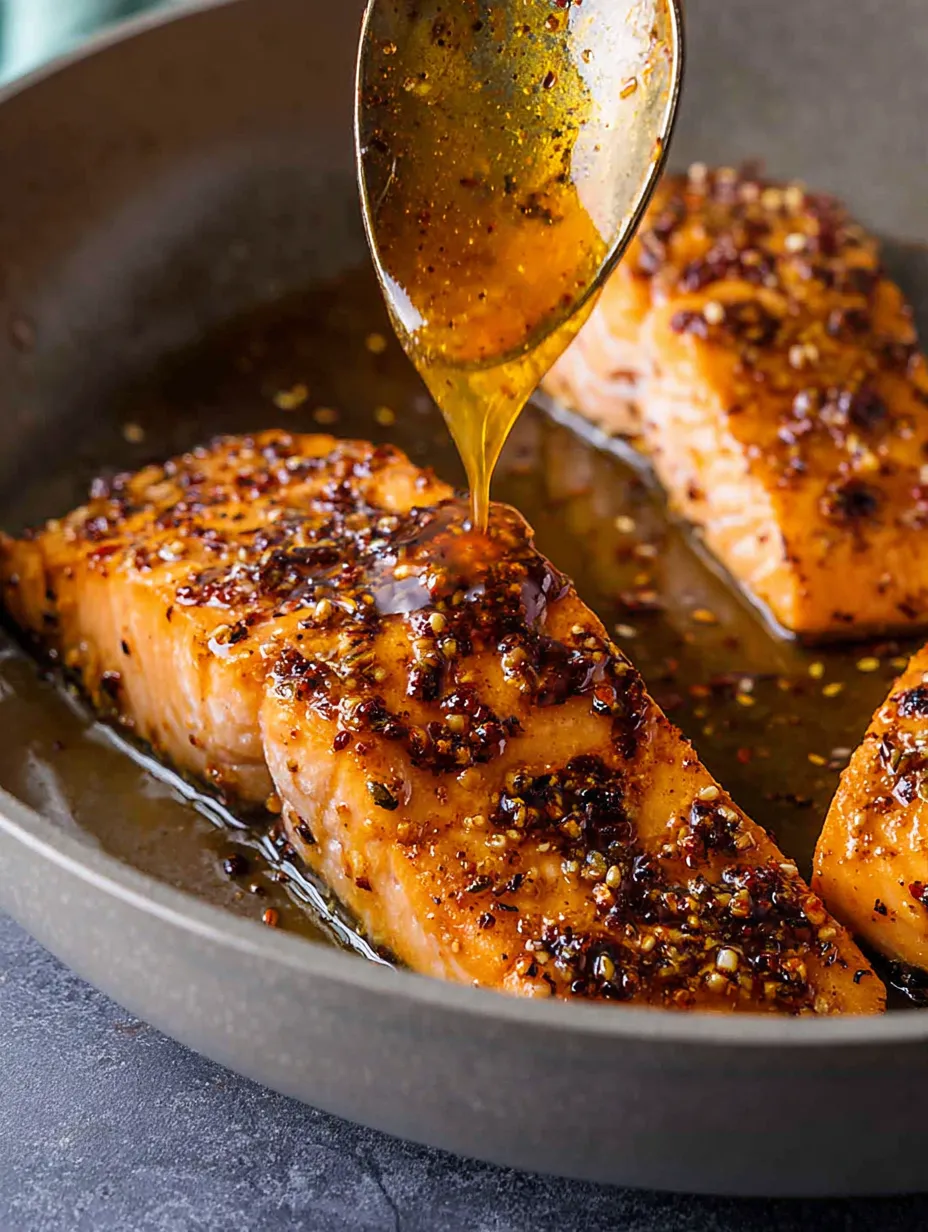 Cooked salmon in a skillet getting a honey drizzle.