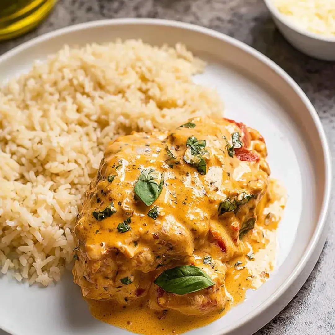 Steaming plate with chicken and rice, covered in sauce.