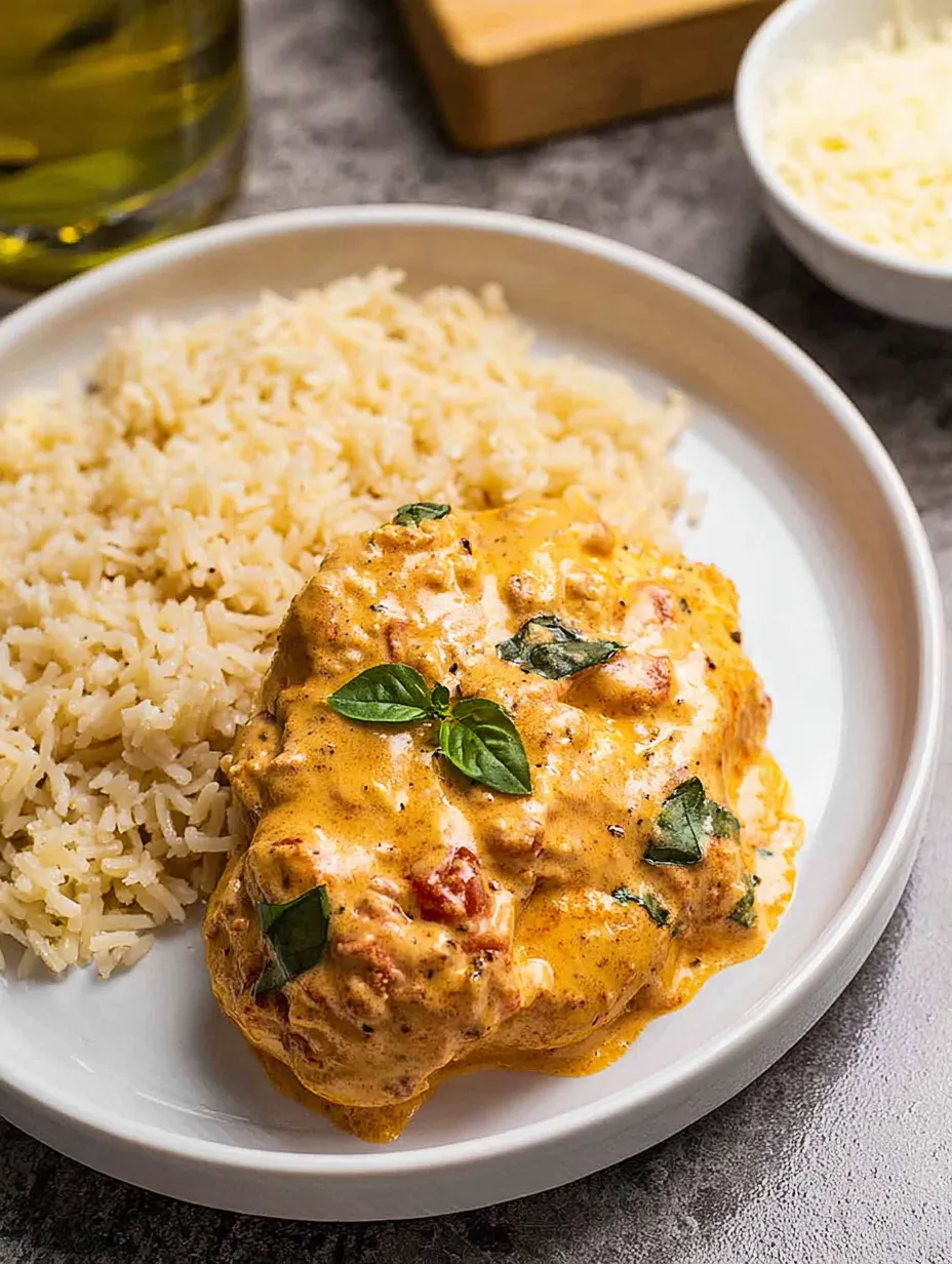 White plate packed with chicken and rice, topped with leafy greens.