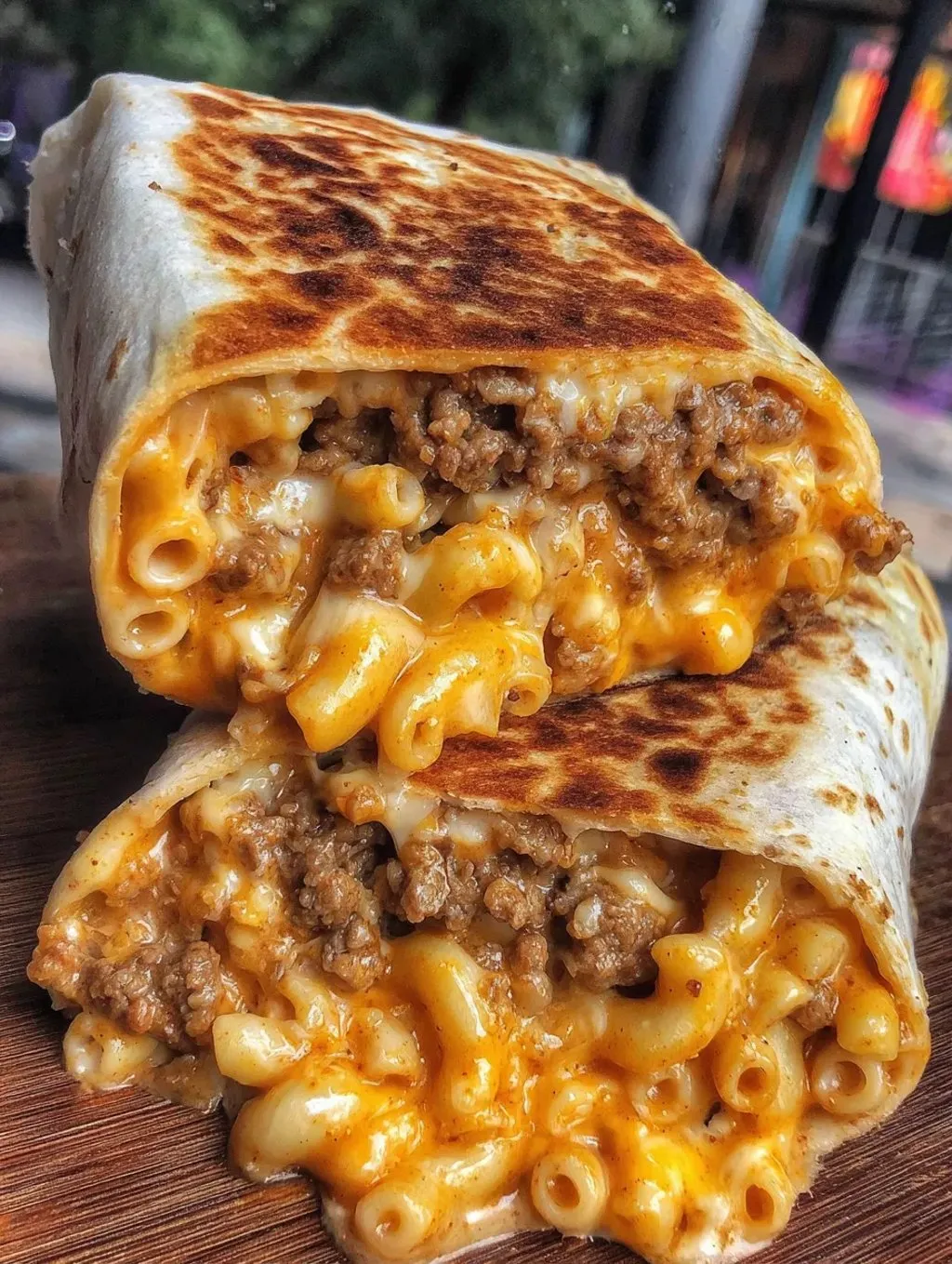 A burrito with macaroni and cheese.