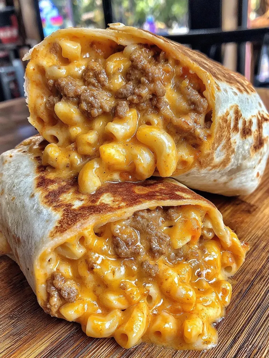 A burrito with macaroni and cheese.