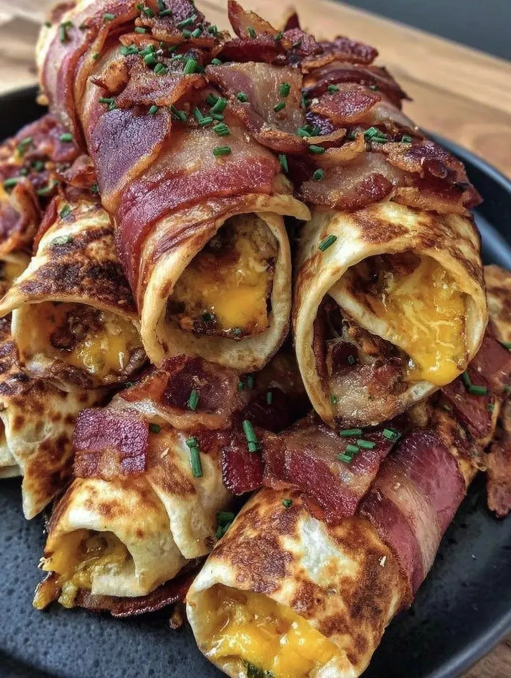 Bacon wrapped food on a plate.