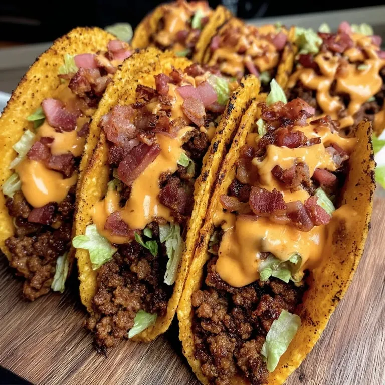 A plate loaded with cheesy bacon tacos.
