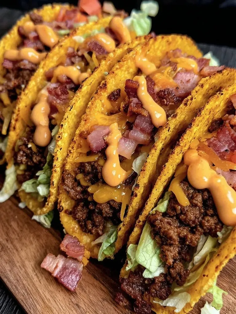 A plate stacked with tacos, bacon, and cheese.