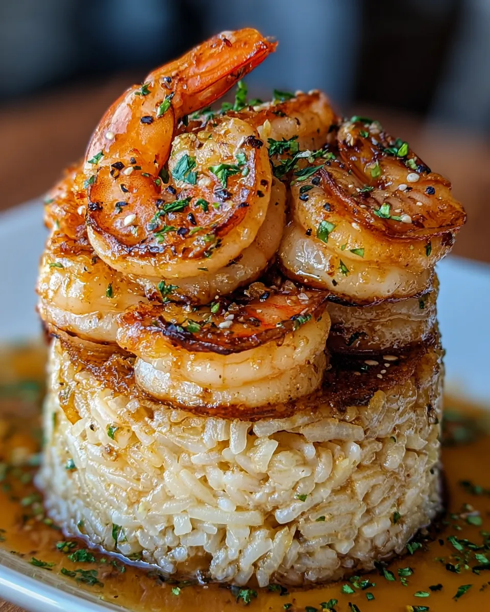 A plate stacked with shrimp over rice.