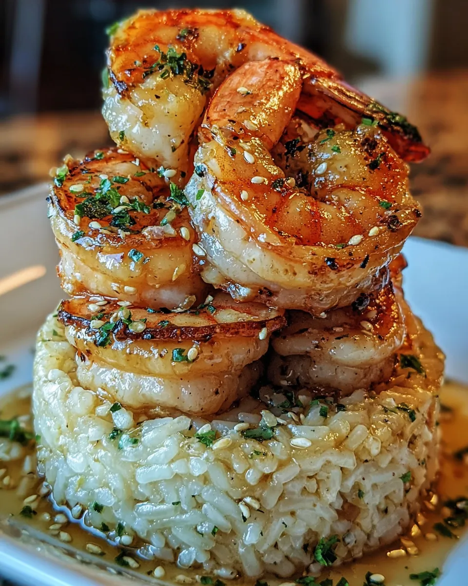 Shrimp stacked on fluffy rice.