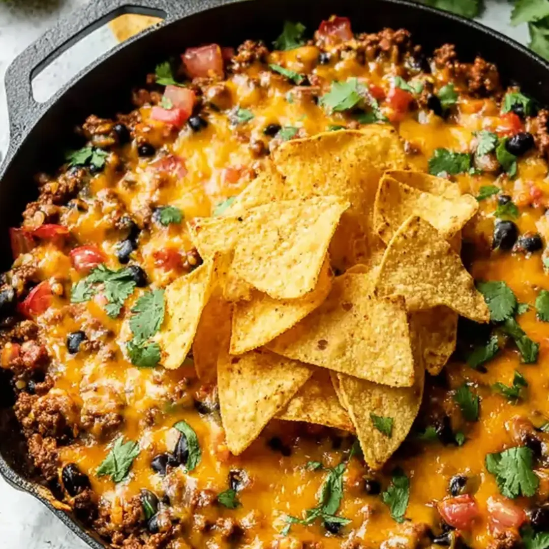 Steaming bowl of chili topped with crispy chips.
