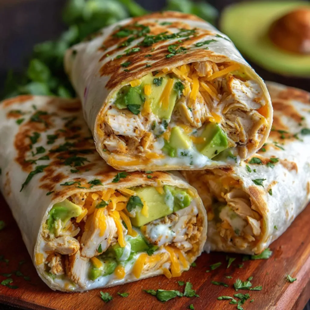 A chicken burrito stuffed with cheese and avocado.