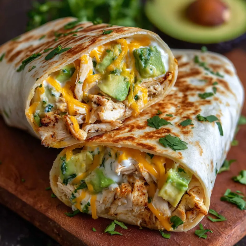 A burrito loaded with chicken and gooey cheese.
