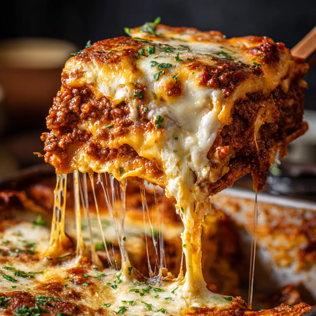 Slice of cheesy layered casserole with herbs on top.
