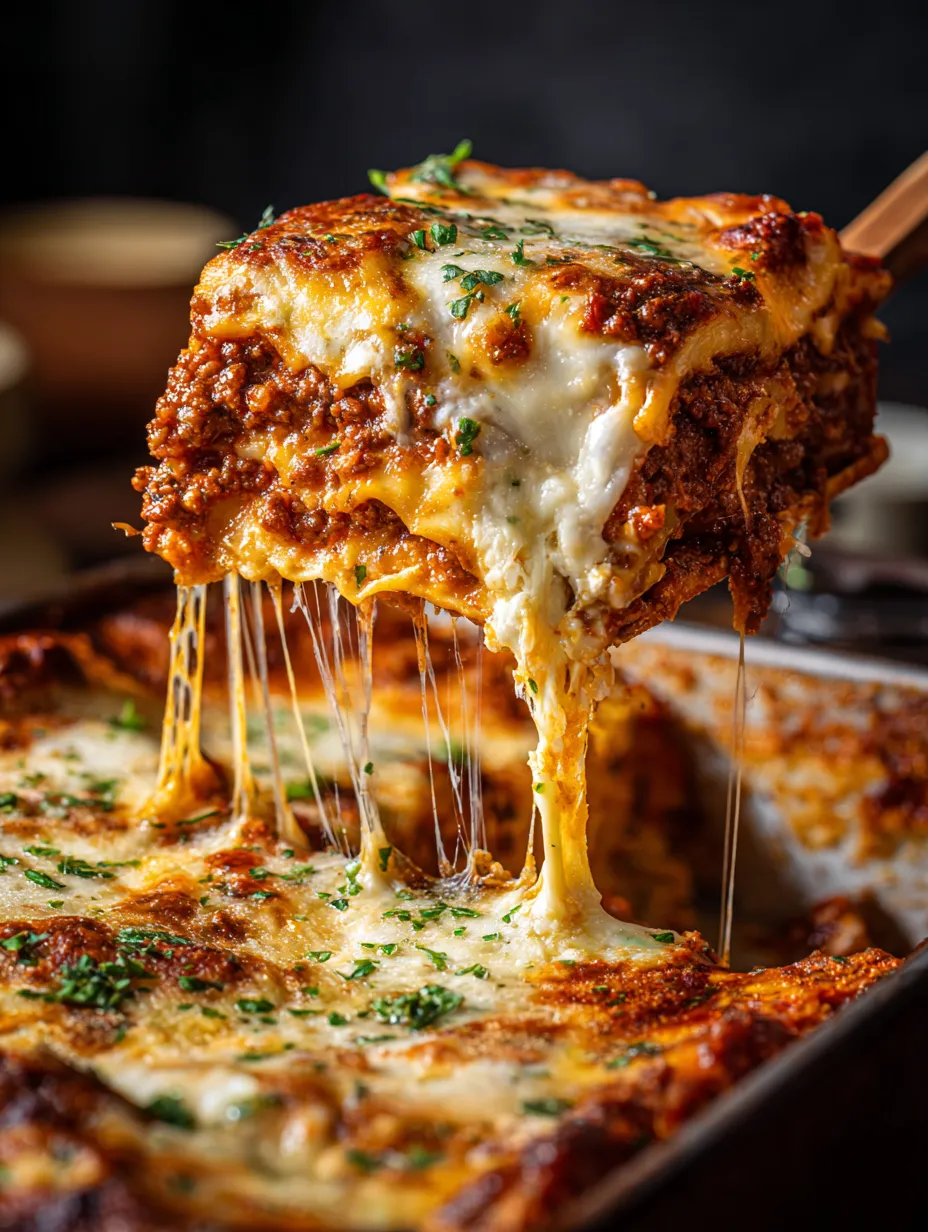 A cheesy, gooey slice of layered casserole fresh from the oven.