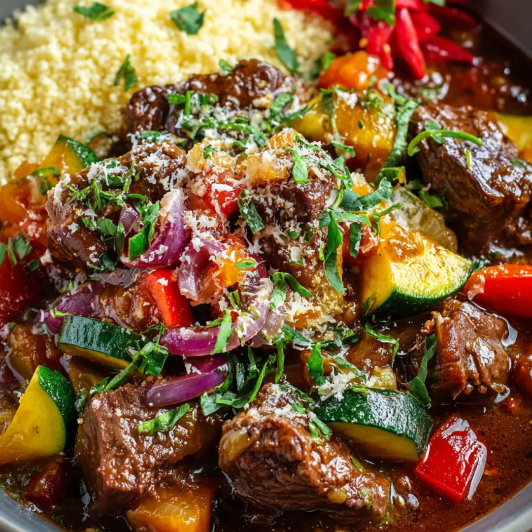 A bowl of meat and vegetables.