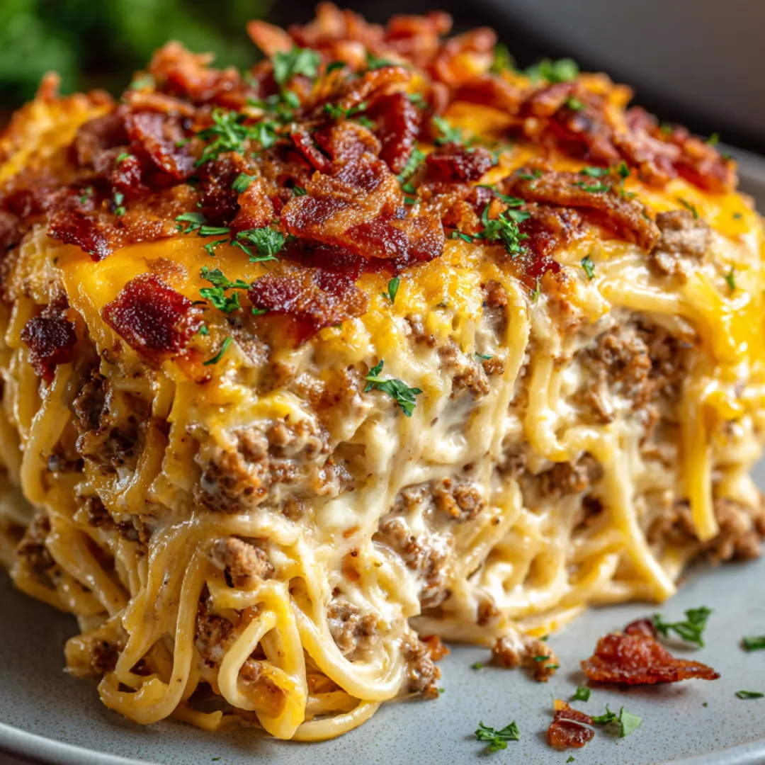 Dinner plate filled with cheesy bacon-topped pasta and chicken.
