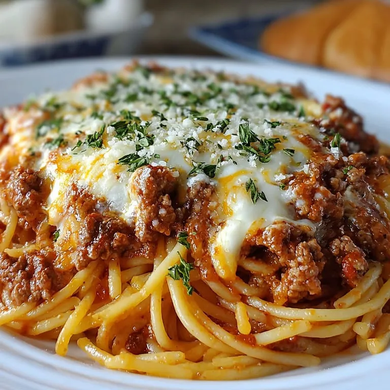 A generous serving of spaghetti with rich meat sauce.