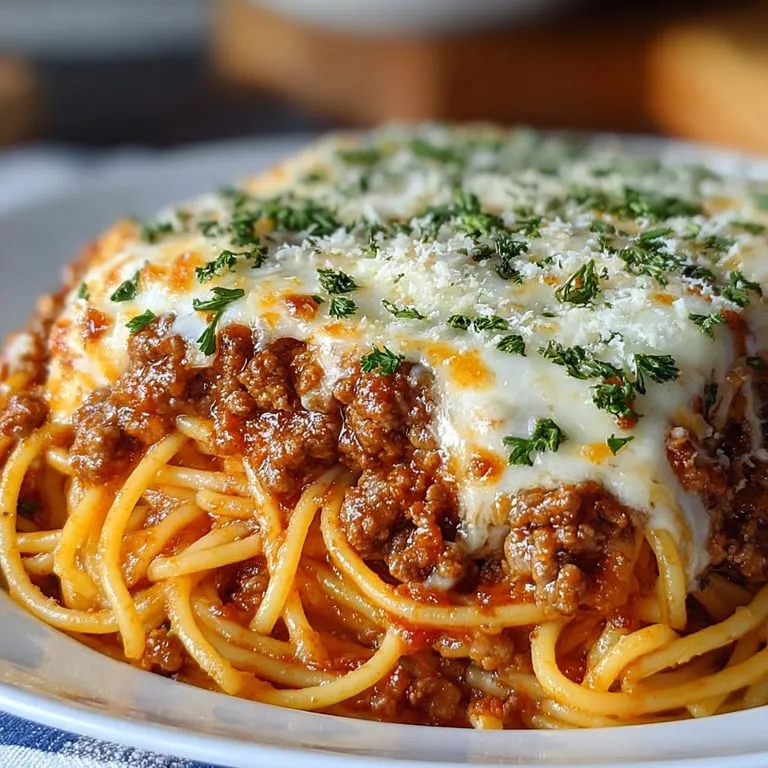 A plate of spaghetti with meat sauce and cheese.