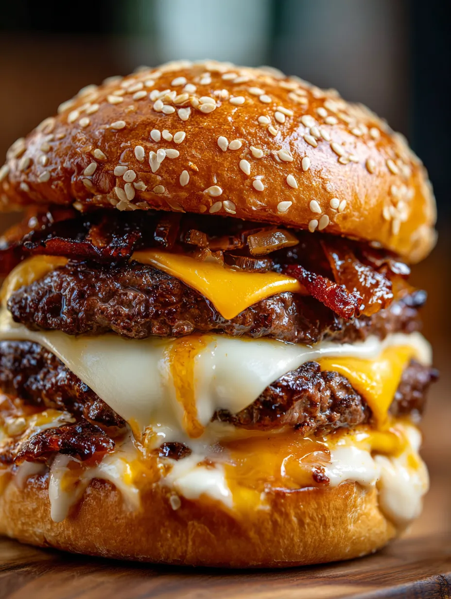 A large hamburger with cheese and bacon.