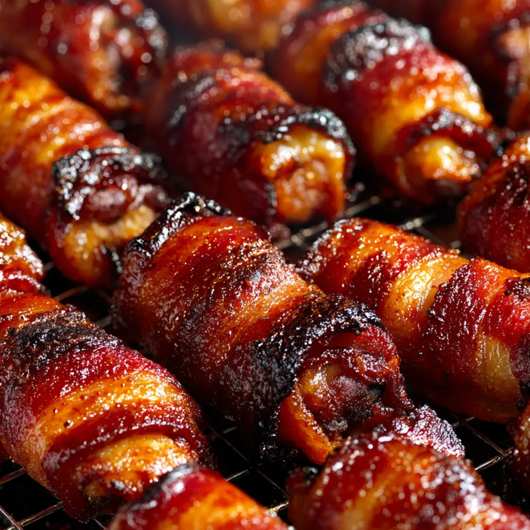 Bacon wrapped snug around a pasta tube.
