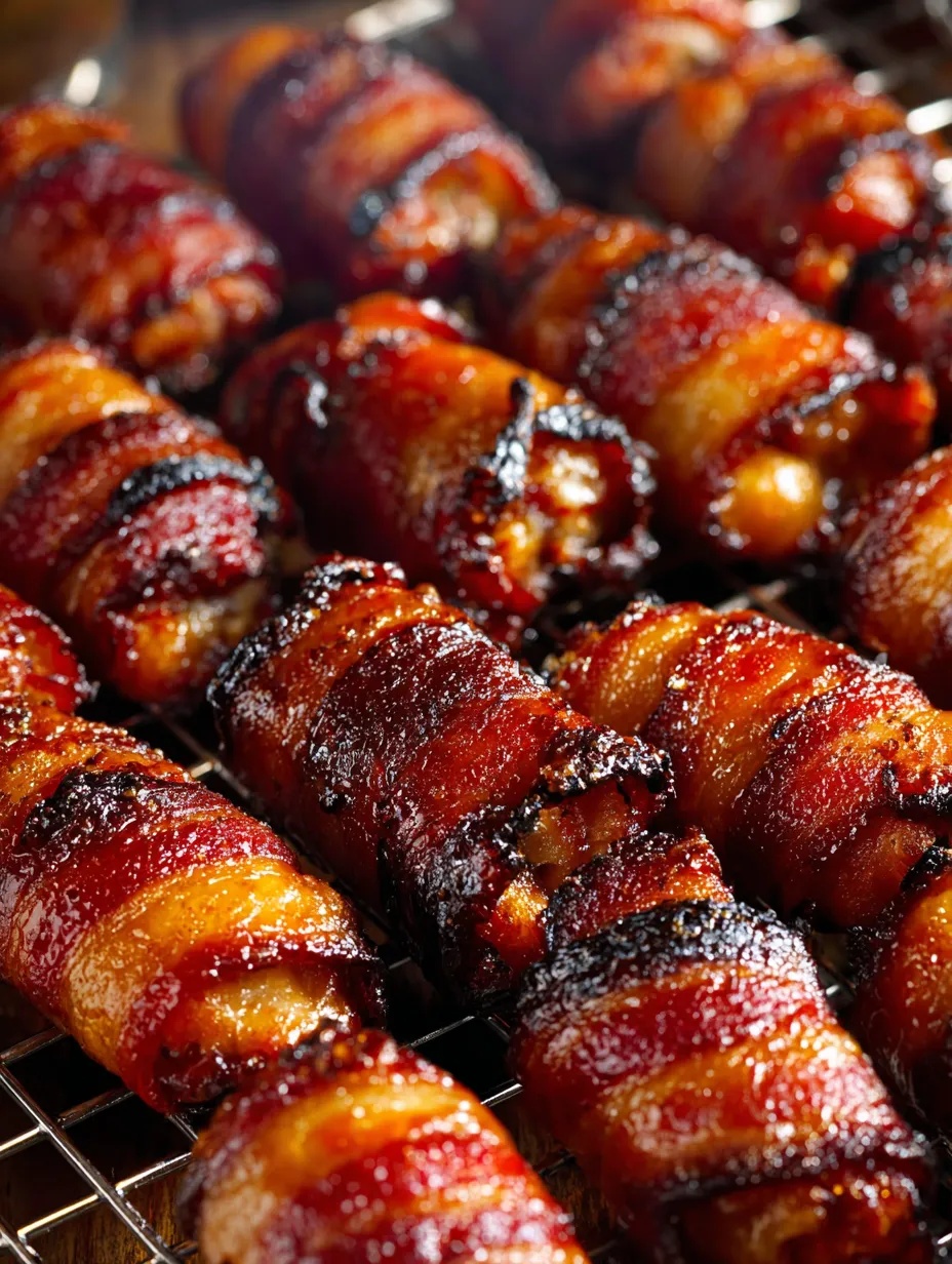 Bacon wrapped sausages on a wire rack.
