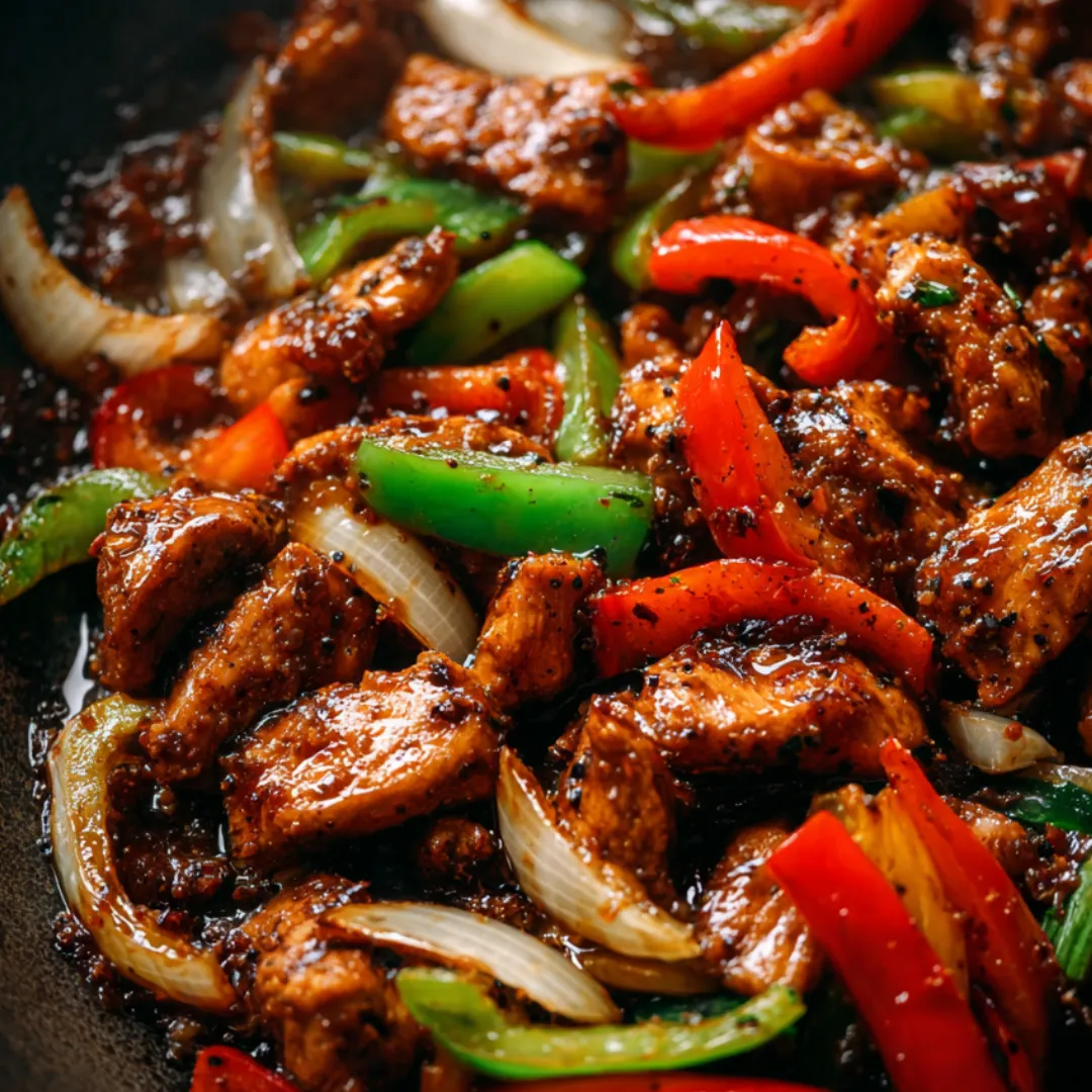Food piled high with peppers and onions.