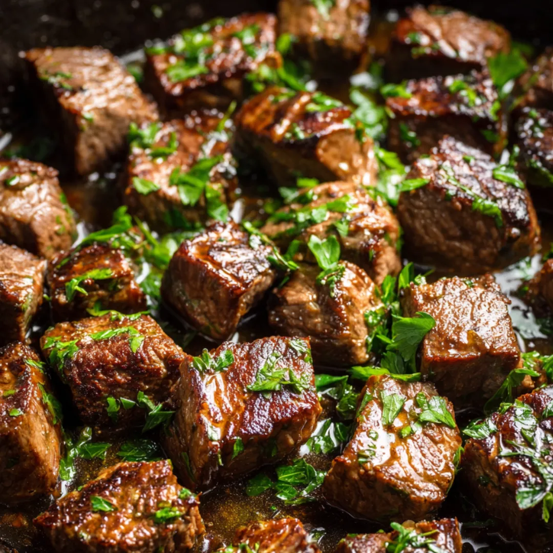 Steak cubes on a plate sprinkled with fresh herbs.