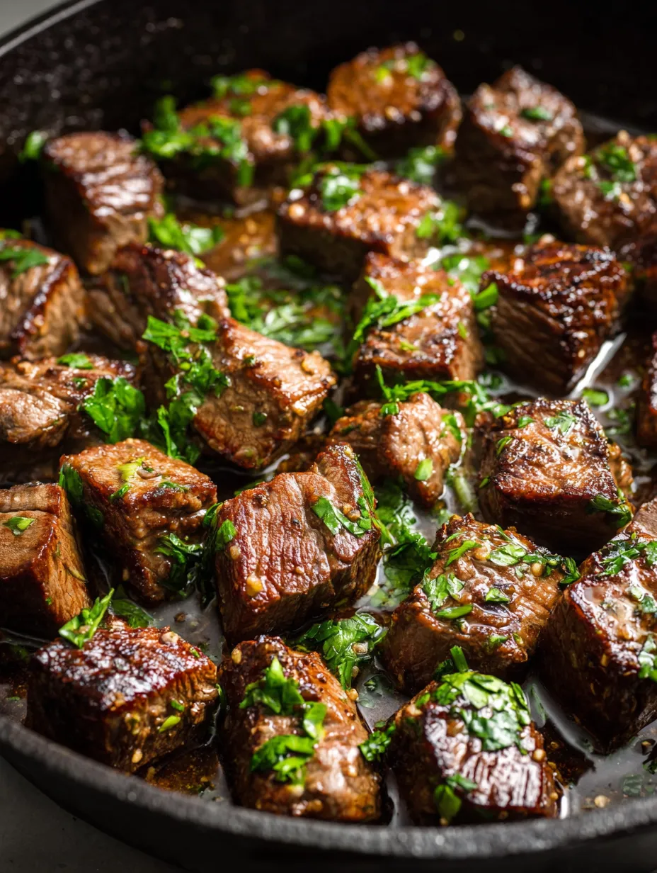 Steak cubes in a pan with green herbs.