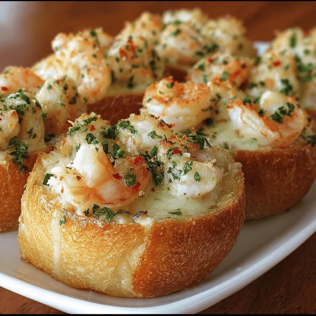 Shrimp and cheese piled on crusty bread.