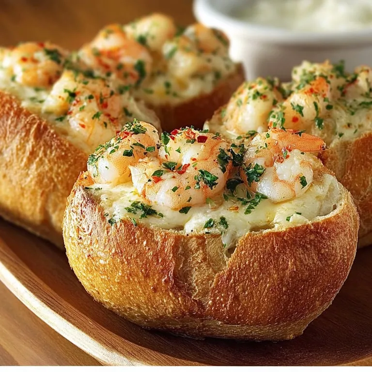 Shrimp and cheese in a bread bowl.