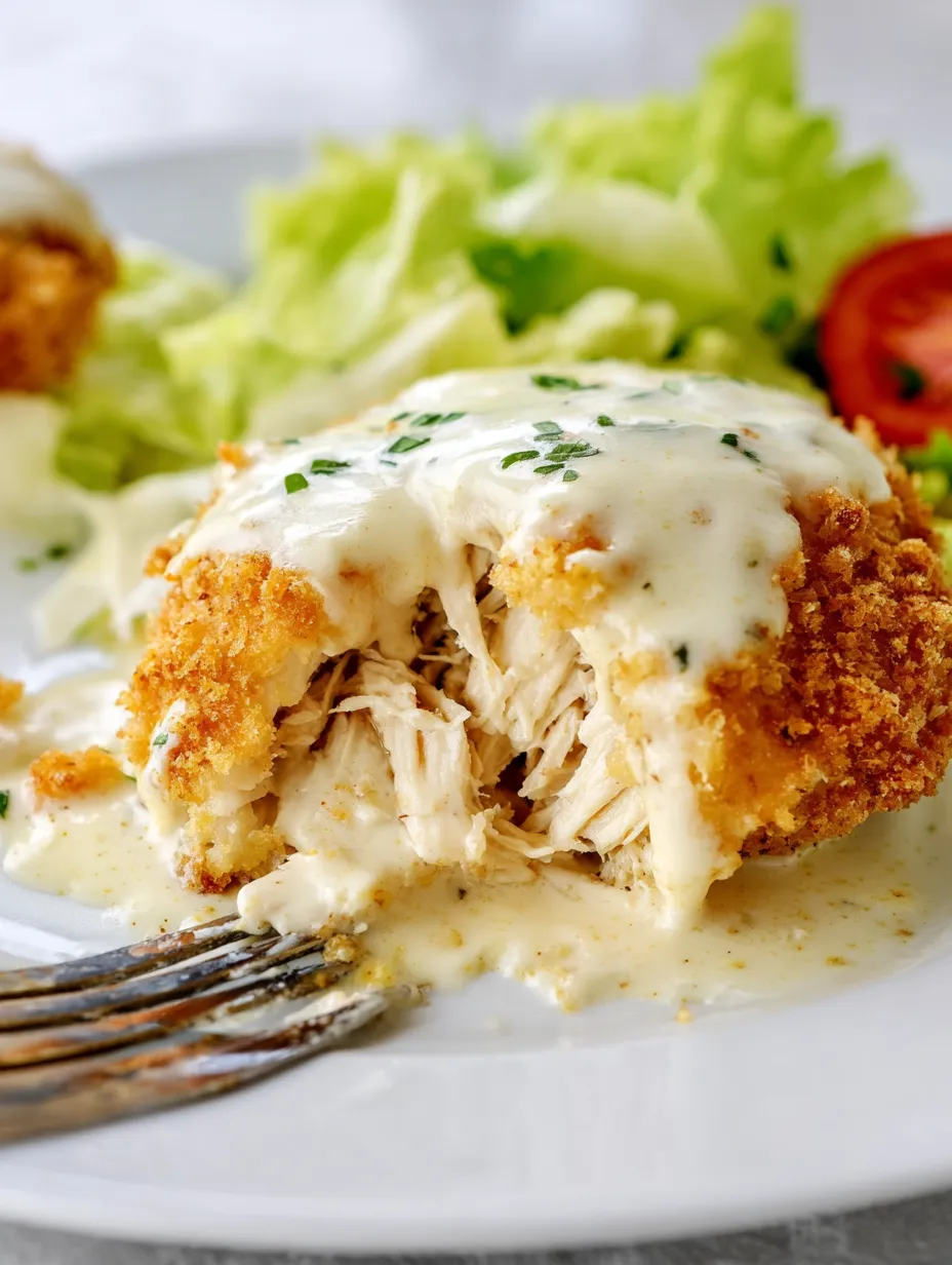 A yummy piece of chicken with cheese on top.