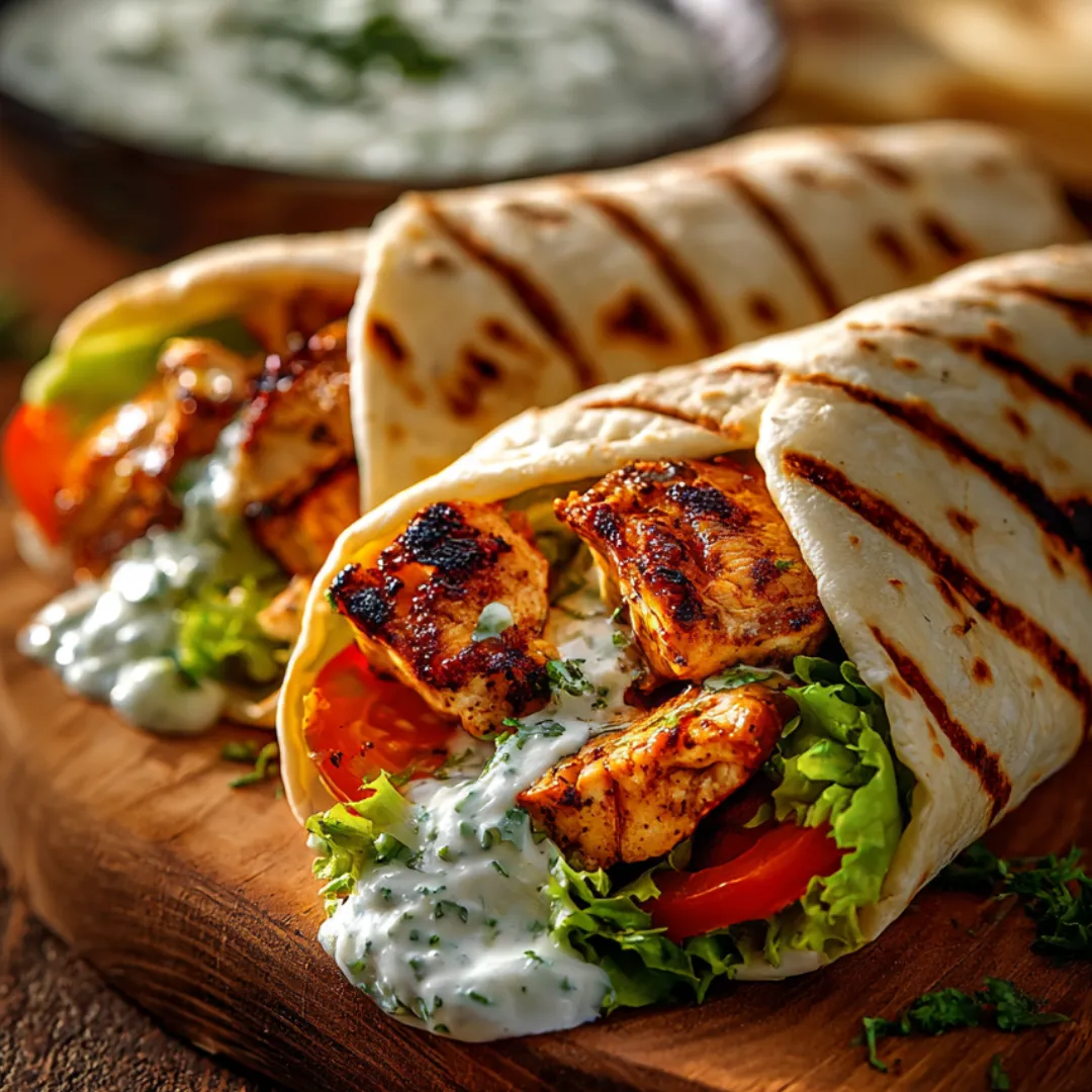 Chicken wrap stuffed with lettuce and tomatoes.