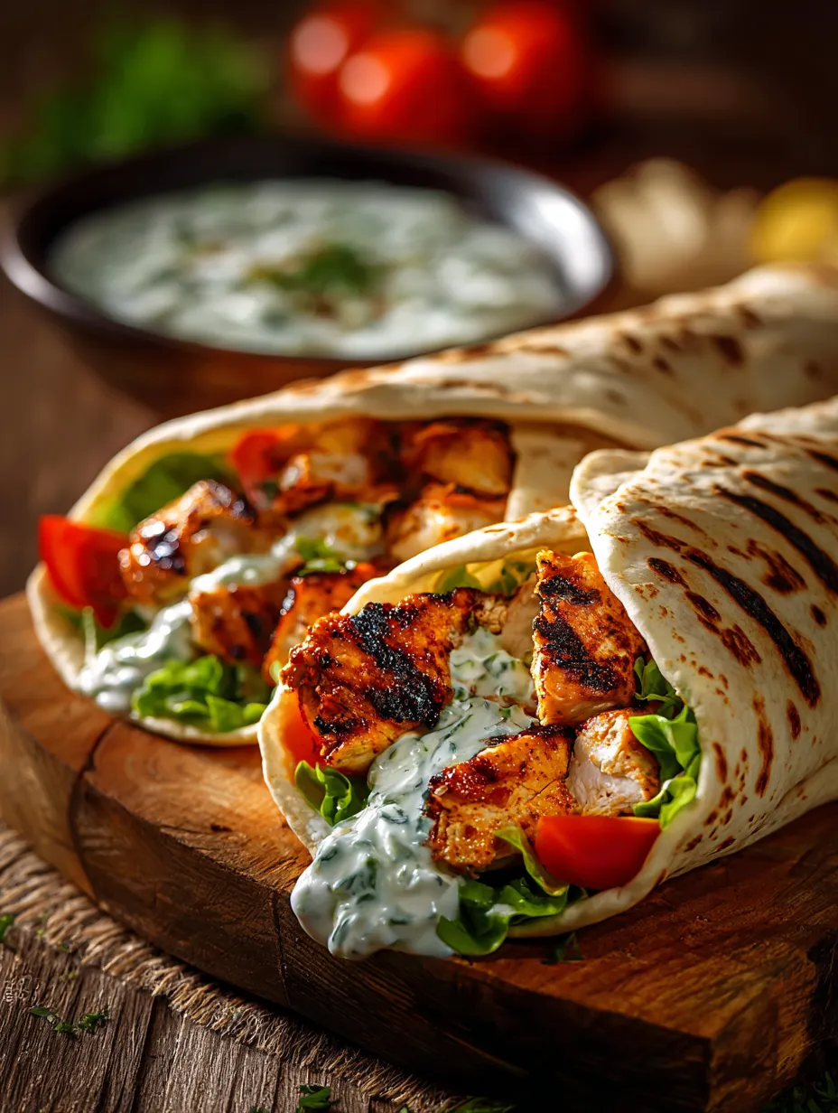 A wrap with chicken and tomatoes.
