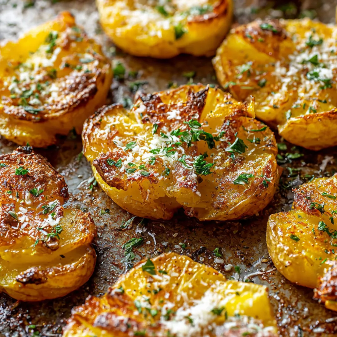 Cheesy herbed smashed potatoes.
