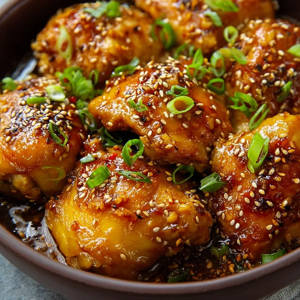 A bowl with orange-glazed chicken and sliced green onions.