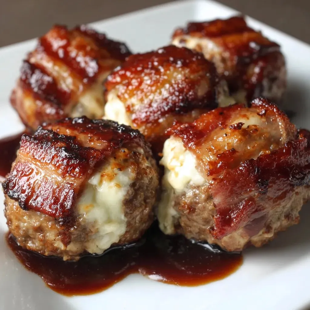 Plate of bacon-wrapped cheese-stuffed beef bites.