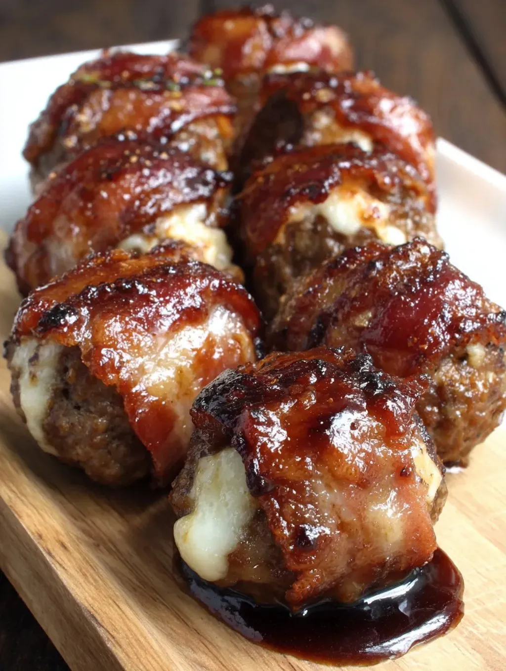 Bacon wrapped meatballs on a wooden board.