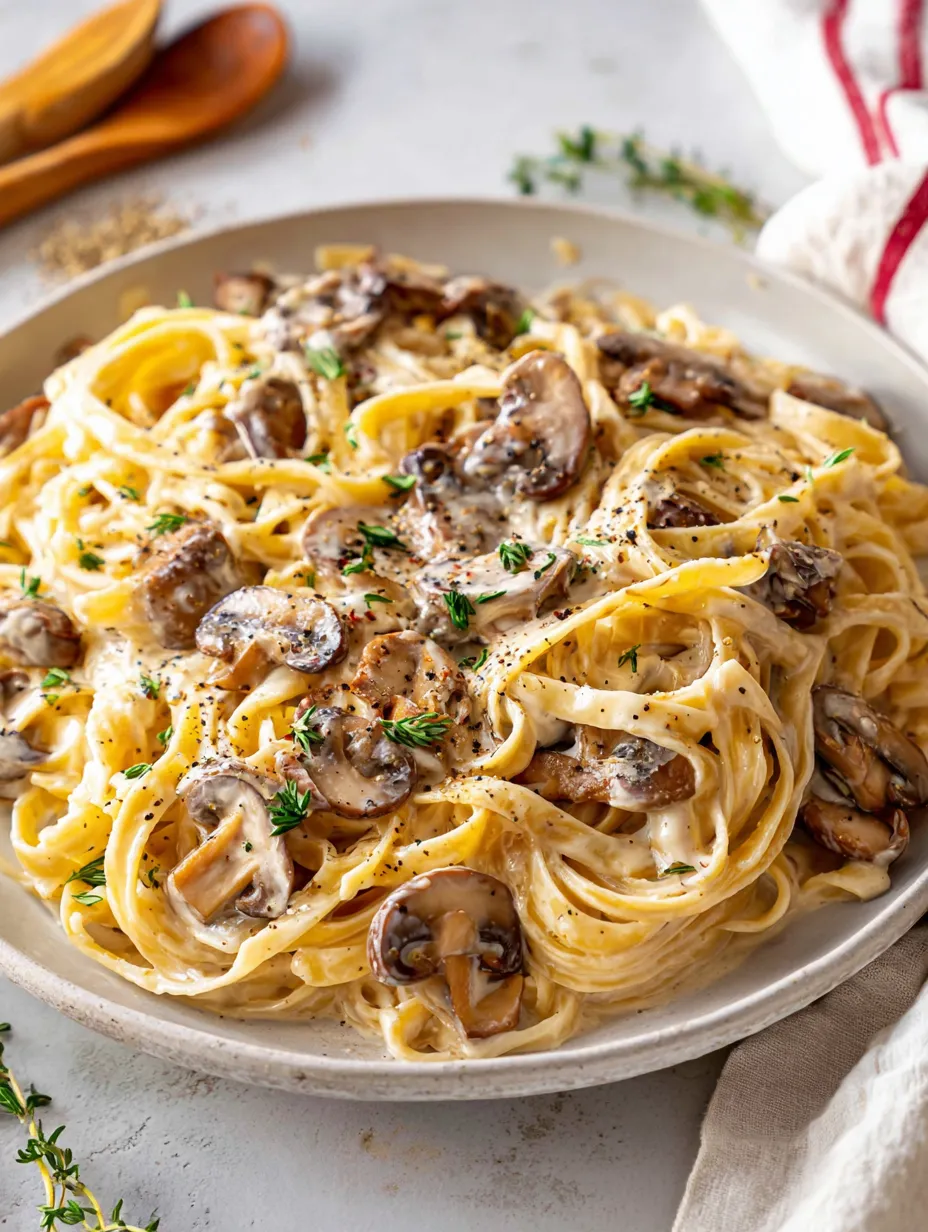 A plate of pasta with mushrooms on top.