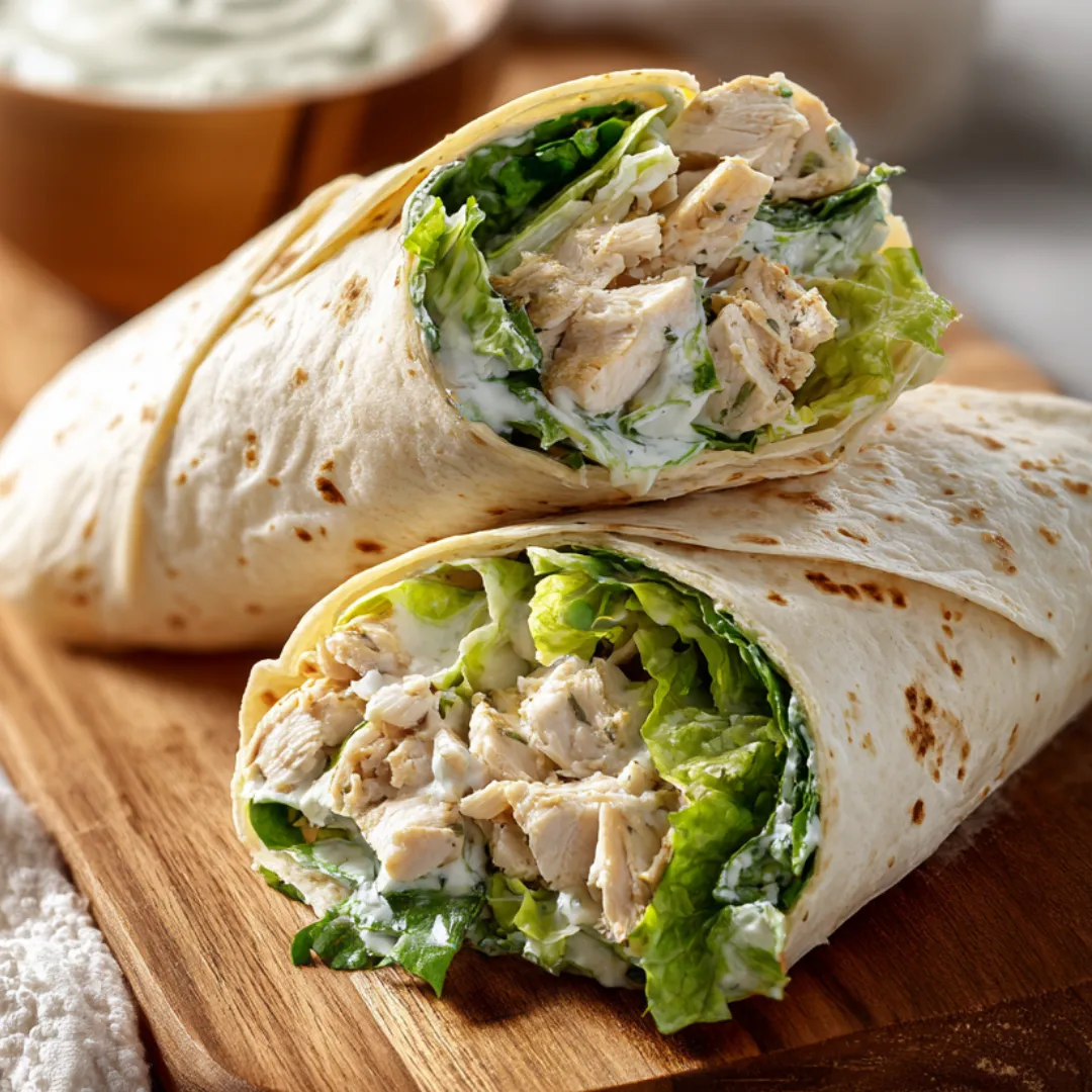 A pair of chicken wraps sitting on a wooden board.