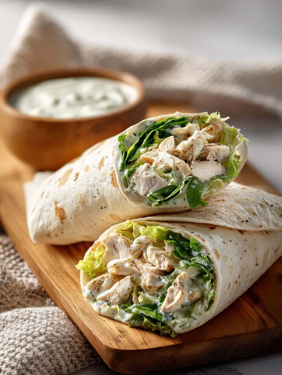 A chicken wrap with lettuce and sauce.