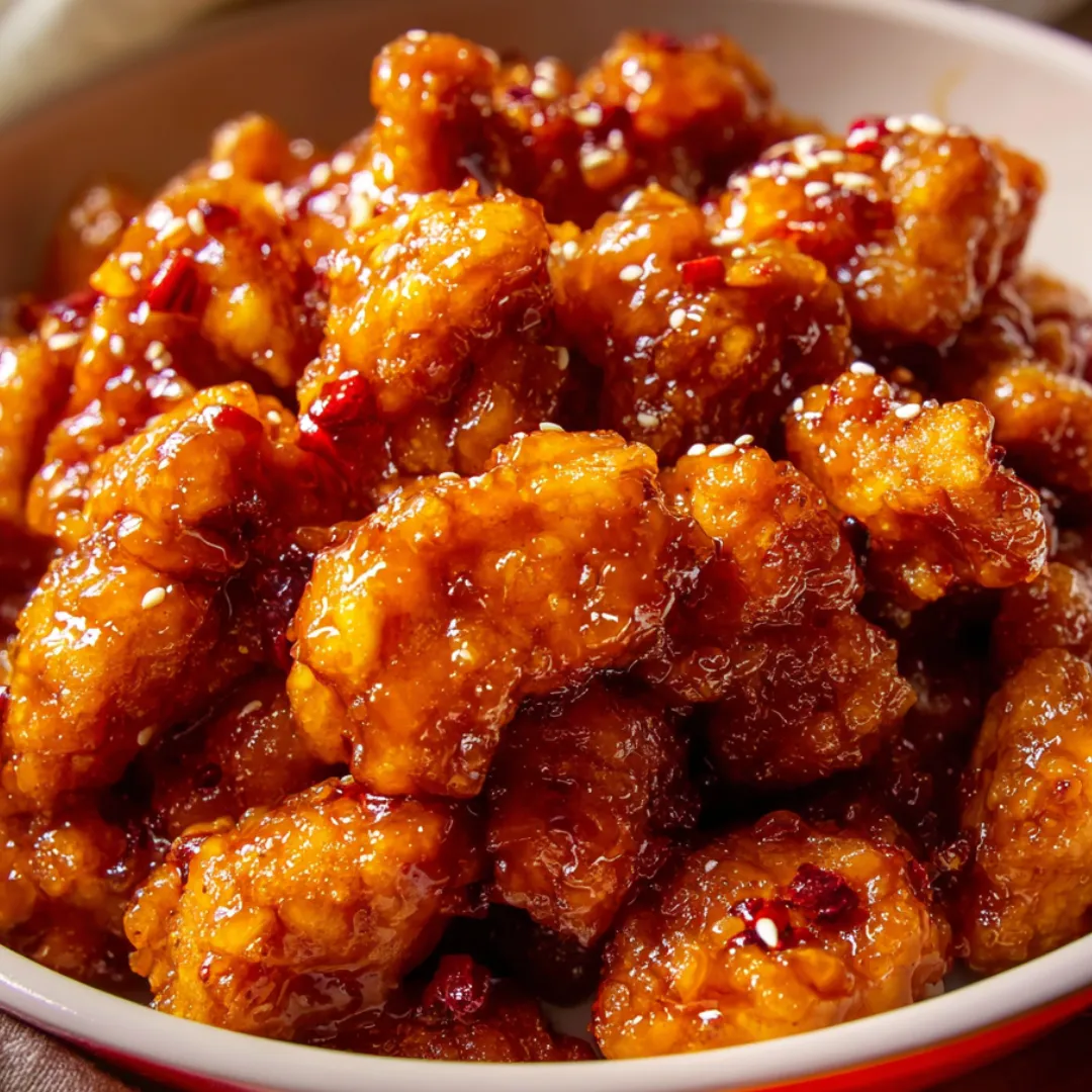A bowl of chicken covered in orange-glazed sauce.