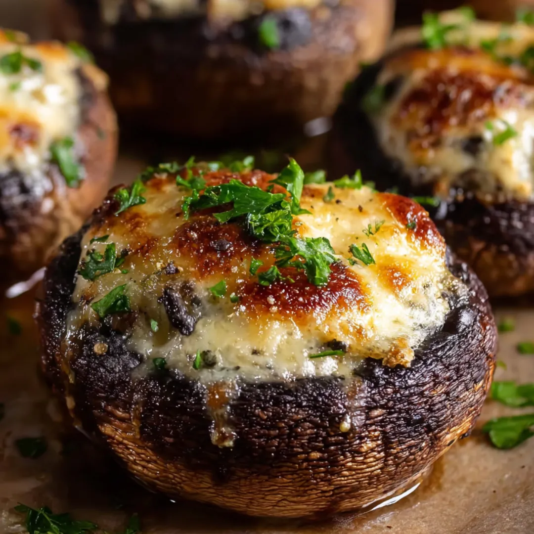 Cheesy mushrooms loaded with herbs on top.