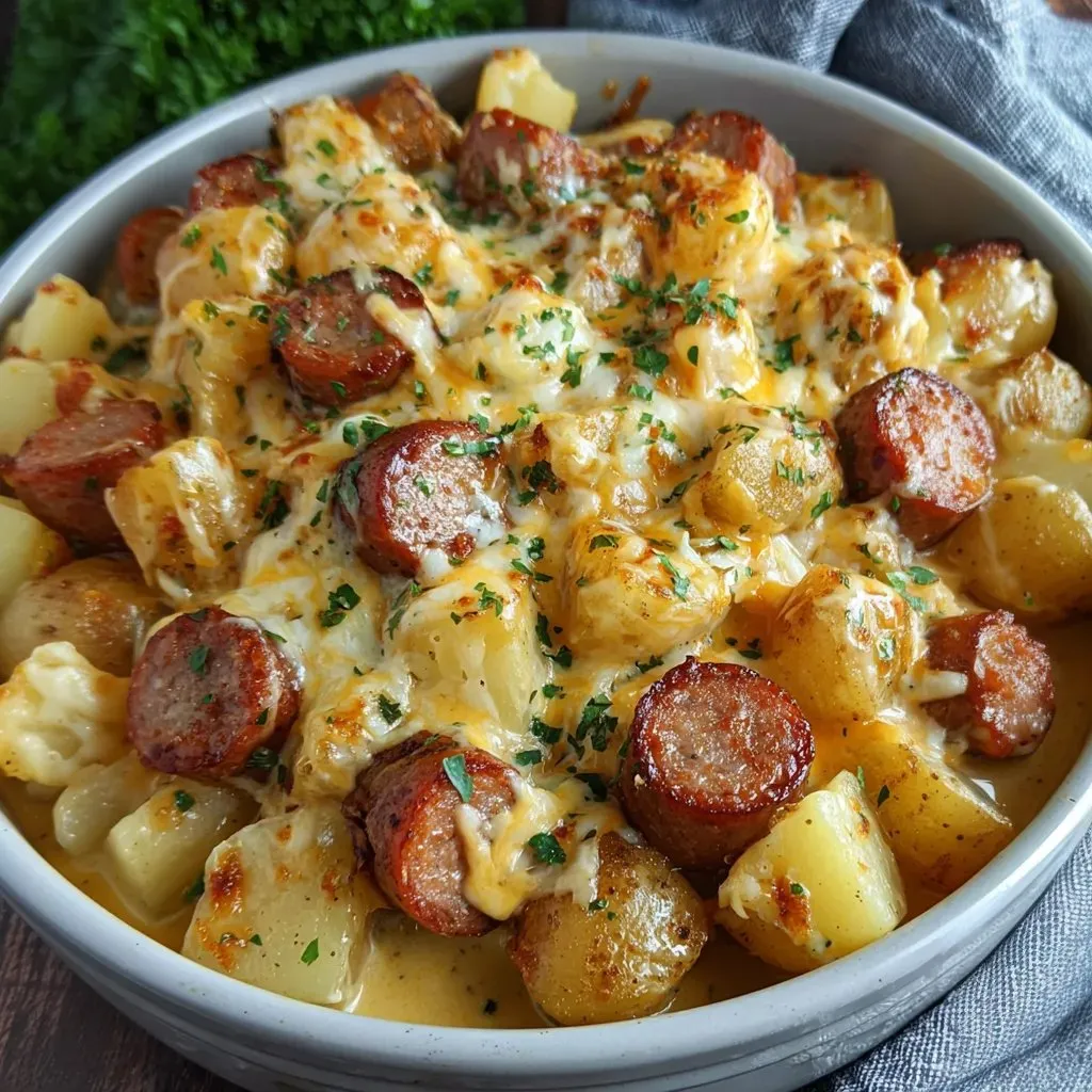 A bowl filled with sausage mixed with cheesy potatoes.